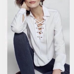 Anthropologie boho White Lace-Up Collared Top by Cloth and Stone